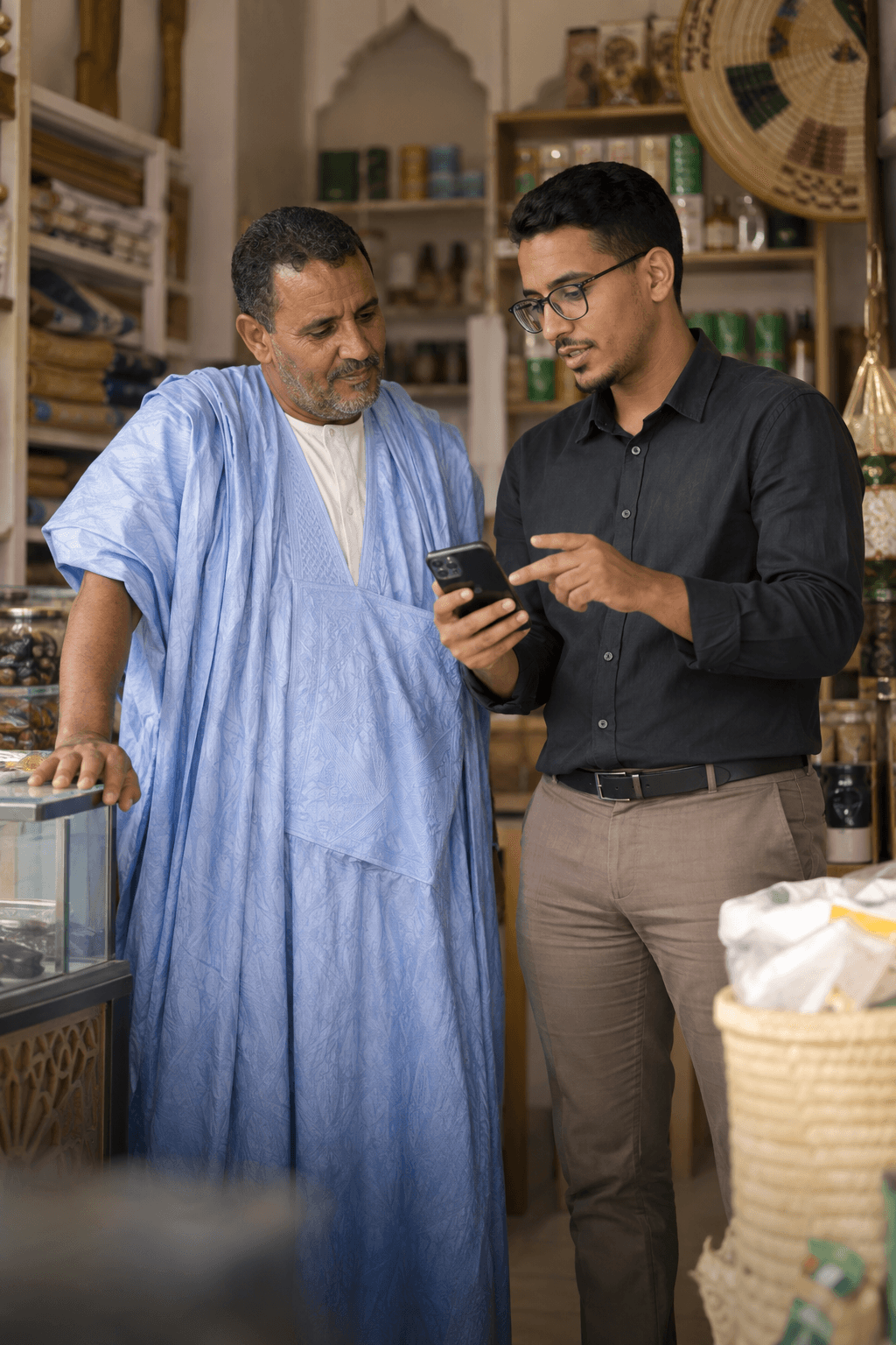 صاحب مشروع موريتاني يناقش مشروعه مع مستشار رقمي داخل متجره