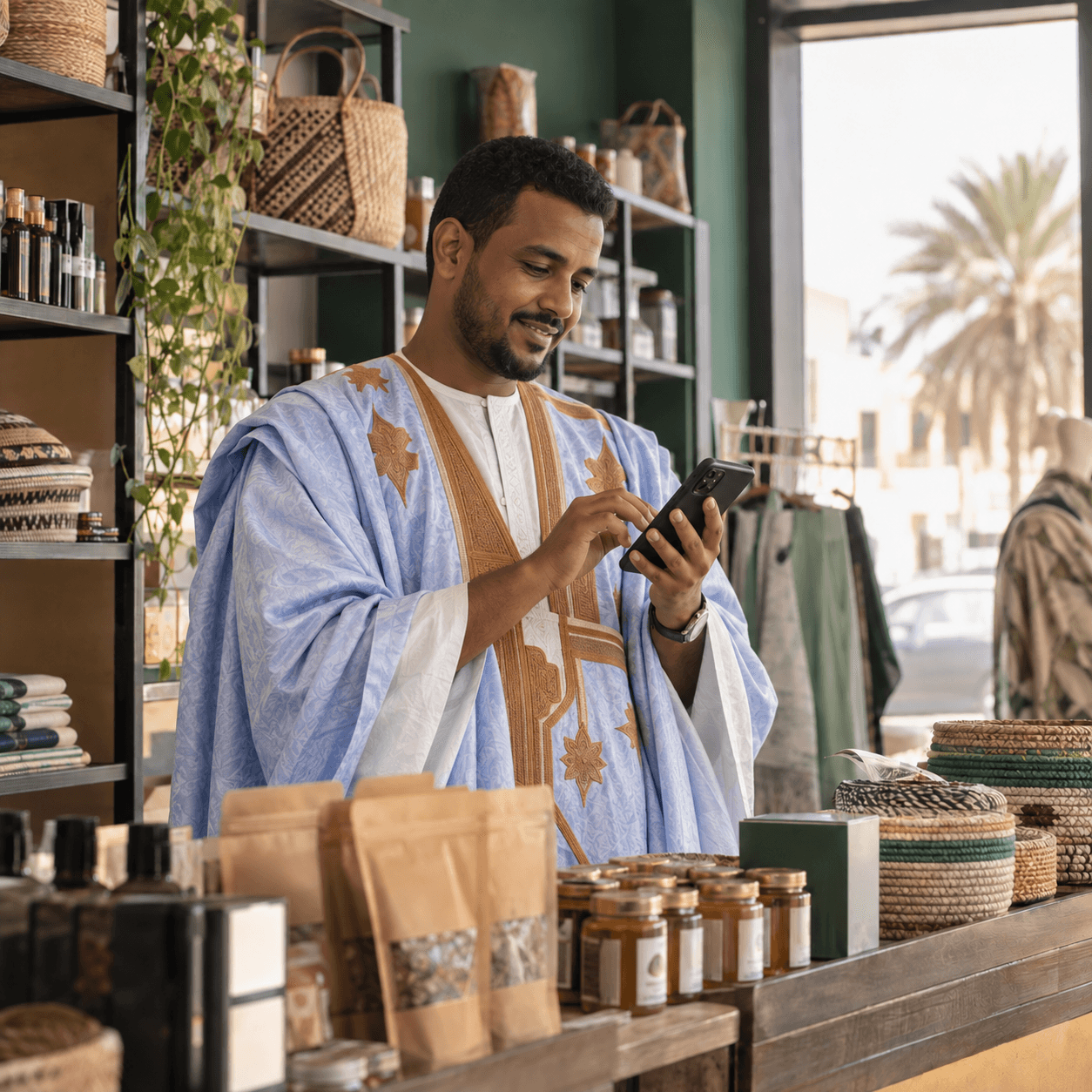 Mauritanian business owner in a Daraa using his phone inside his shop